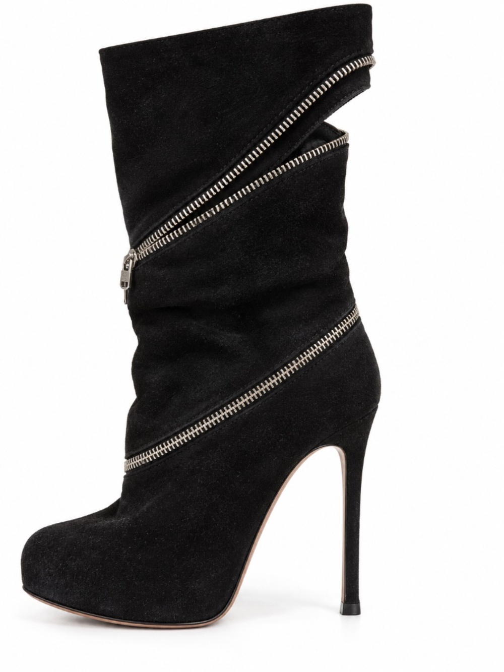 ALAÏA BLACK SUEDE SPIRAL ZIP BOOTS — 40.5
